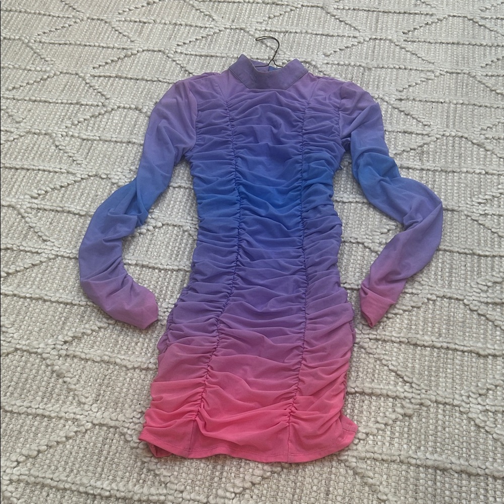 Ombré Purple and Pink Ruched Mesh Dress